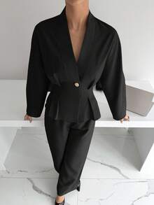 Siren Gaze 女式褶皱腰 V 领长袖衬衫和休闲直筒裤套装，女式两件套通勤、办公室、教师装 - 黑色 - 查看 5