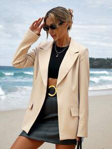 SHEIN Cottnline Women's Single-Breasted Solid Color Blazer Jacket - Apricot - View 3