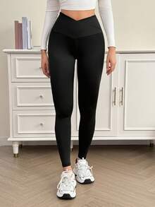 SHEIN Tall 女士纯色热瑜伽黑色V领高腰紧身裤，黑色女士紧身裤，感恩节女士黑色裤子，休闲女士V领修身腰瑜伽裤紧身运动风，黑色裤子 - 黑色 - 查看 3