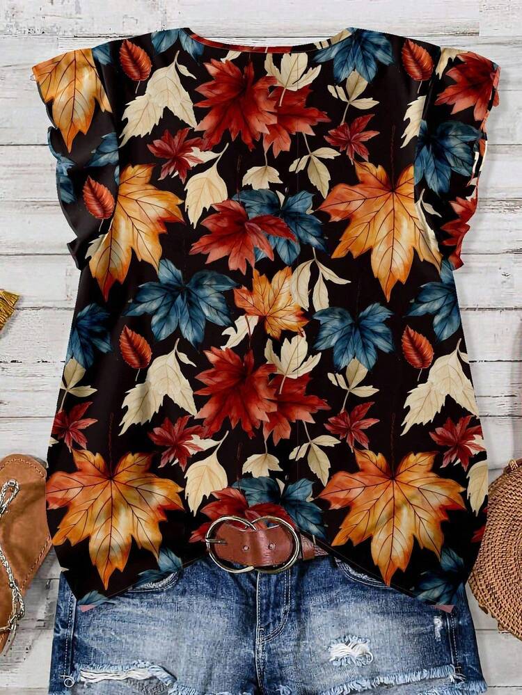 Floral Pattern Women's Casual Shirt, Suitable For Summer Leaf Print Top Fall Floral Shirt Autumn Leaf Blouse Fall Leaf Shirt Western Women Fall Tops