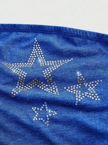 ROMWE Grunge Punk Women's Strapless Grey & Black Star Rhinestone Embellished Top - Blue - View 4