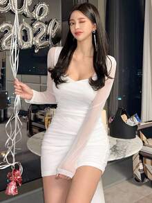 DAZY 女士甜心领紧身鸡尾酒会礼服，带臀部包裹，生日，除夕夏季长袖连衣裙舞会礼服