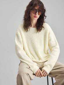 Ontre 2025新款超大羊毛混纺圆领长袖针织上衣，休闲都市风格，米色，宽松版型，适合秋季，商务休闲，通勤，日常穿着 - 杏色 - 查看 7