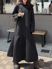 FRIFUL Vestito lungo con cappuccio, manica lunga, con motivo a rombi testurizzato, vestibilità morbida, casual e versatile, adatto per l'autunno - Grigio - Visualizzare 5
