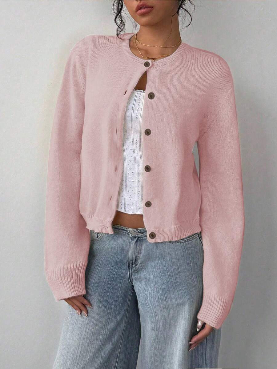 SHEIN BASICS 浅粉色女士开衫,适合秋冬 - 淺粉色 - 查看 1