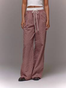 MUSERA Checkered Contrast Drawstring Waist Wide Leg Loose Fit Trousers  Summer Streetwear Y2k Cool Girl City Muse Vacation Work, Office Fall, Autumn, Winter,  Elegant - Pink - View 3