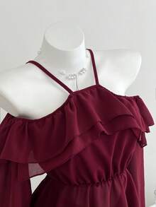 Elamini Women's Off-Shoulder Ruffle Mesh Patchwork Long Sleeve Women Blouse - Burgundy - View 3