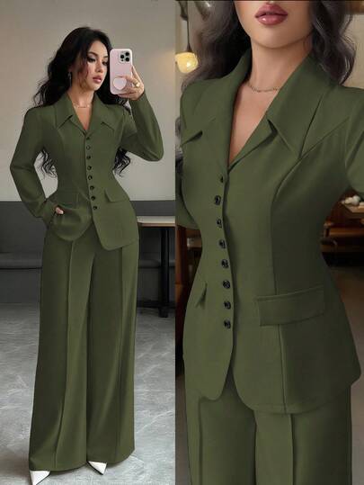 Elenzga 女士杏色厚面料V领西装外套设计黑色撞色纽扣假口袋教师制服优雅职业装，感恩节万圣节氛围，秋季新款时尚必备高端端庄长袖收腰宽松直筒裤两件套