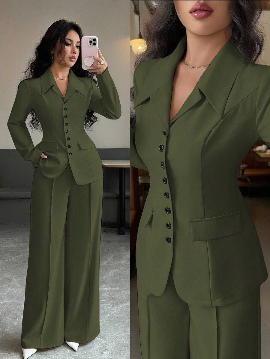 Elenzga 女士杏色厚面料V领西装外套设计黑色撞色纽扣假口袋教师制服优雅职业装，感恩节万圣节氛围，秋季新款时尚必备高端端庄长袖收腰宽松直筒裤两件套 - 軍綠色 - 查看 1