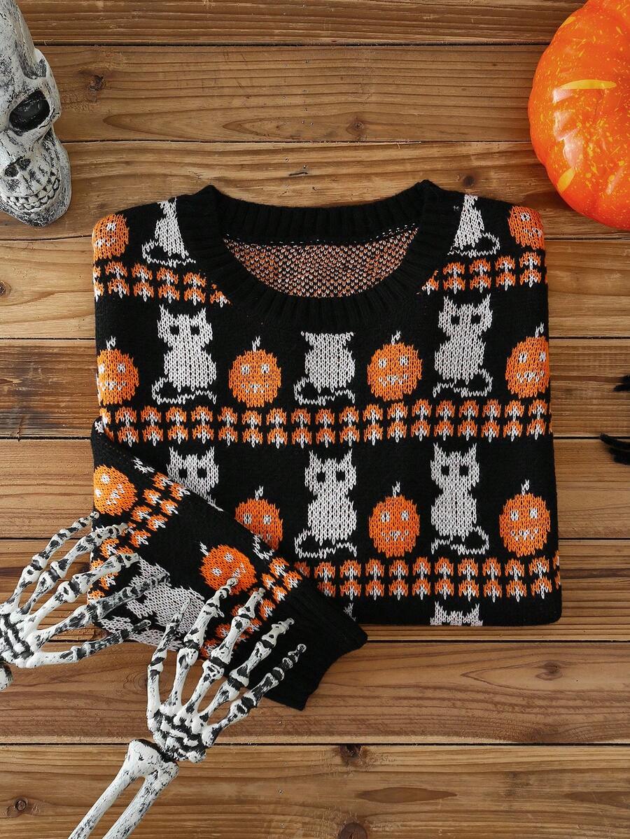 Elamini Halloween Dark Women Crew Neck Cat & Pumpkin Pattern Knitted Sweater Top - Multicolor - View 1