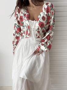 SHEIN Unity Áo len cardigan tay dài họa tiết hoa hồng, cổ chữ V, dễ thương, cổ điển, thích hợp cho kỳ nghỉ - Nhiều màu - Xem 5