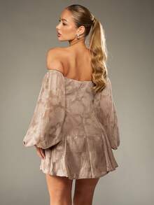 MISSGUIDED Váy ngắn hở vai Devore bằng vải voan thanh lịch với thân áo nhún bèo, tay bồng, eo cao, dáng ôm vừa vặn, thích hợp mặc dự tiệc tối, tiệc cưới - Màu nâu  Mocha - Xem 2