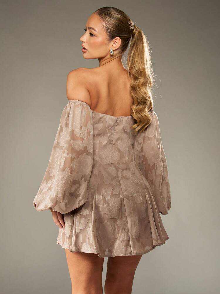 MISSGUIDED Elegant Devore Chiffon Off Shoulder Mini Dress With Ruched Bodice Balloon Sleeves Empire Waist Fit And Flare Evening Party Wedding Guest Occasion Wear