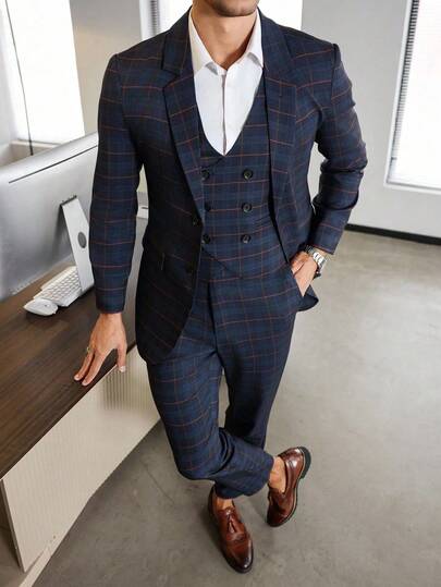 Manfinity Bizformal 3pcs Men's Business Casual Classic High-Quality Navy Blue Subtle Checked Suit Jacket, Vest, And Trousers Three-Piece Set, Suitable For Business Events, Commuting, Weddings, And Everyday Outfits ,Fall And Winter Men Clothes, Old Money Style