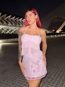 Bearsaez Falda larga de tiro bajo con tirantes de espagueti, textura de lentejuelas y color rosa, ideal para vacaciones y playa; Falda con estampado floral, cuentas y lentejuelas incrustadas, color rosa - Rosa - Ver 5