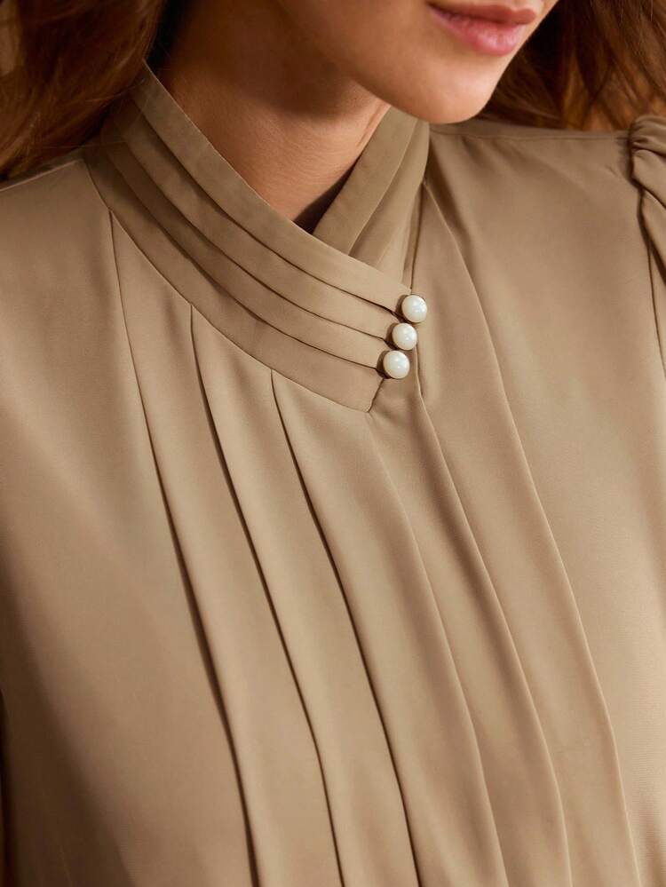 RUCHED KNIT BUTTON DECOR ELEGANT BLOUSE