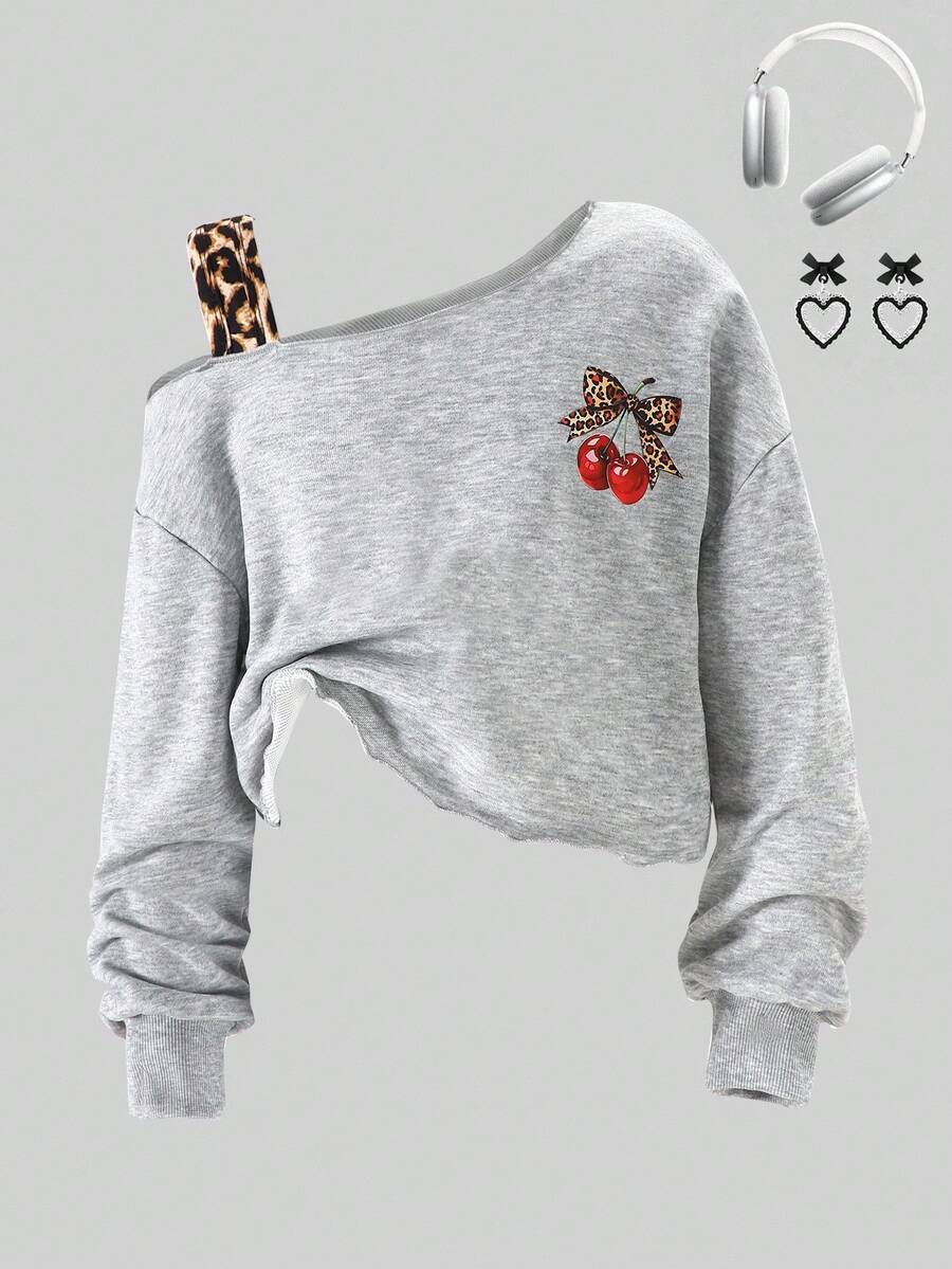 Áo len dệt kim mùa thu/đông cho bé gái, chất liệu vải xám, vai lệch, tay dài, dây đeo in họa tiết da báo, nơ phía trước, họa tiết hoa anh đào dập nổi, thích hợp mặc thường ngày, đi du lịch ngoài trời, dự tiệc. - Xám - Xem 1