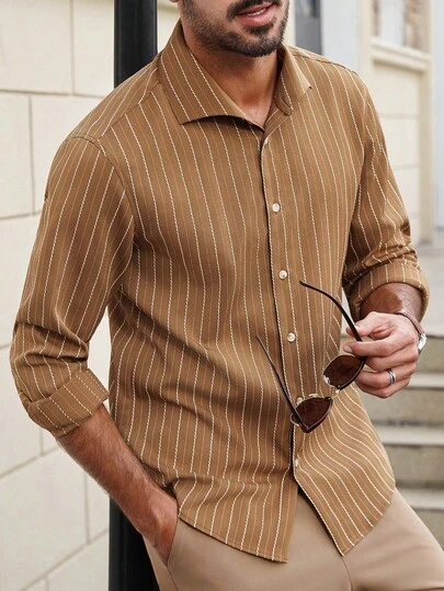 Manfinity Bizformal Men's Business Casual Commuter Striped Shirt, Fall