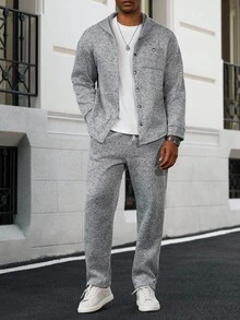 Manfinity Homme 1 套前扣连帽运动衫和口袋运动裤，纯色针织套装 2 件套保暖运动服套装，秋季服装