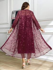 Ellevyn Conjunto de 2 peças de vestido camisola plus size de cor sólida e jaqueta de manga comprida estampada