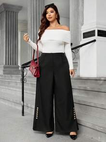 Easura Plus Size Woven Fabric Elegant Office Wear Front Pleated Slant Pocket Slit Hem Metal Button Decor Wide Leg Pants For Women - Black - View 4