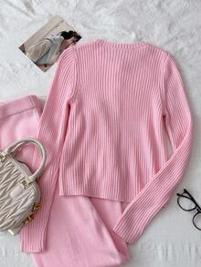 Elamini Bộ 2 món áo len cardigan tay dài cổ tròn màu hồng dễ thương cho nữ mặc ngoài trời và quần ống loe - Hồng - Xem 2