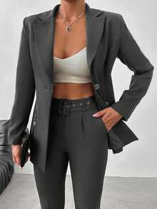 SHEIN Cottnline Women's Simple Solid Color Lapel Collar Blazer And Belted Suit Pants Set, Suitable For Work And Commute - Dark Grey - View 5