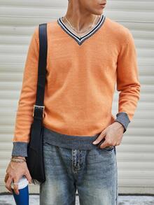 Manfinity CasualKnits 男士条纹板球毛衣 男士毛衣上衣 男士 V 领毛衣 橙色针织毛衣 男士橙色毛衣 男士针织上衣，秋冬 - 彩色 - 查看 1