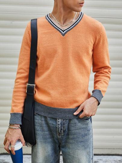 Manfinity CasualKnits 男士条纹板球毛衣 男士毛衣上衣 男士 V 领毛衣 橙色针织毛衣 男士橙色毛衣 男士针织上衣，秋冬