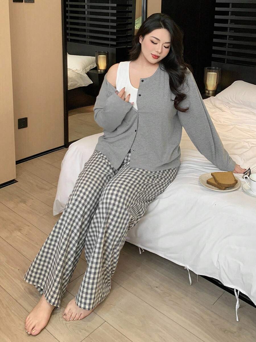 Dazy Plus 3pcs Solid Color Tank Top, Robe & Plaid Pants Pajama Set, Fashionable Plus Size Women Casual Sleepwear, Cozy Outfit Fall Winter Clothes