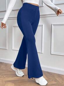 Ritzy Row 女式休闲日常百搭紧身保暖高腰喇叭裤，松紧腰，黑色，冬季 - 藍色 - 查看 5