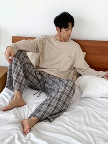 DAZY 男士多色格子裤T恤睡衣套装，秋冬服装 - 彩色 - 查看 5