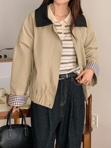 DAZY Women's Contrast Color Collar Patchwork Plaid Cuff Decor Loose Turndown Collar Street Casual Jacket