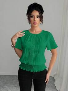 Selianne PETITE 纹理荷叶边装饰弹性腰部女式休闲衬衫，简约优雅，适合节日穿着/非洲女式连衣裙/绷带/7 月 4 日/商务休闲/秋季、万圣节、返校节、返校/端庄 - 綠色 - 查看 3