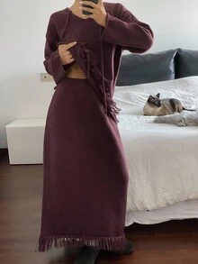 DAZY 女式纯色系带领流苏下摆毛衣和针织裤休闲两件套，秋冬 - 酒紅色 - 查看 3