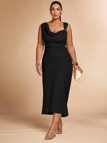 SHEIN BAE 大码女式卡其色不对称金属连衣裙 - 黑色 - 查看 4