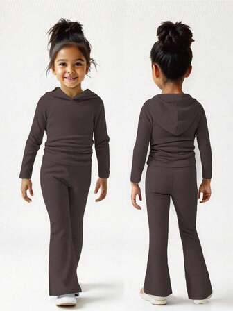 SHEIN 2 件年轻女孩街头风格运动时尚基本款连帽运动衫和喇叭裤灰色运动服套装，长袖连帽上衣和喇叭裤