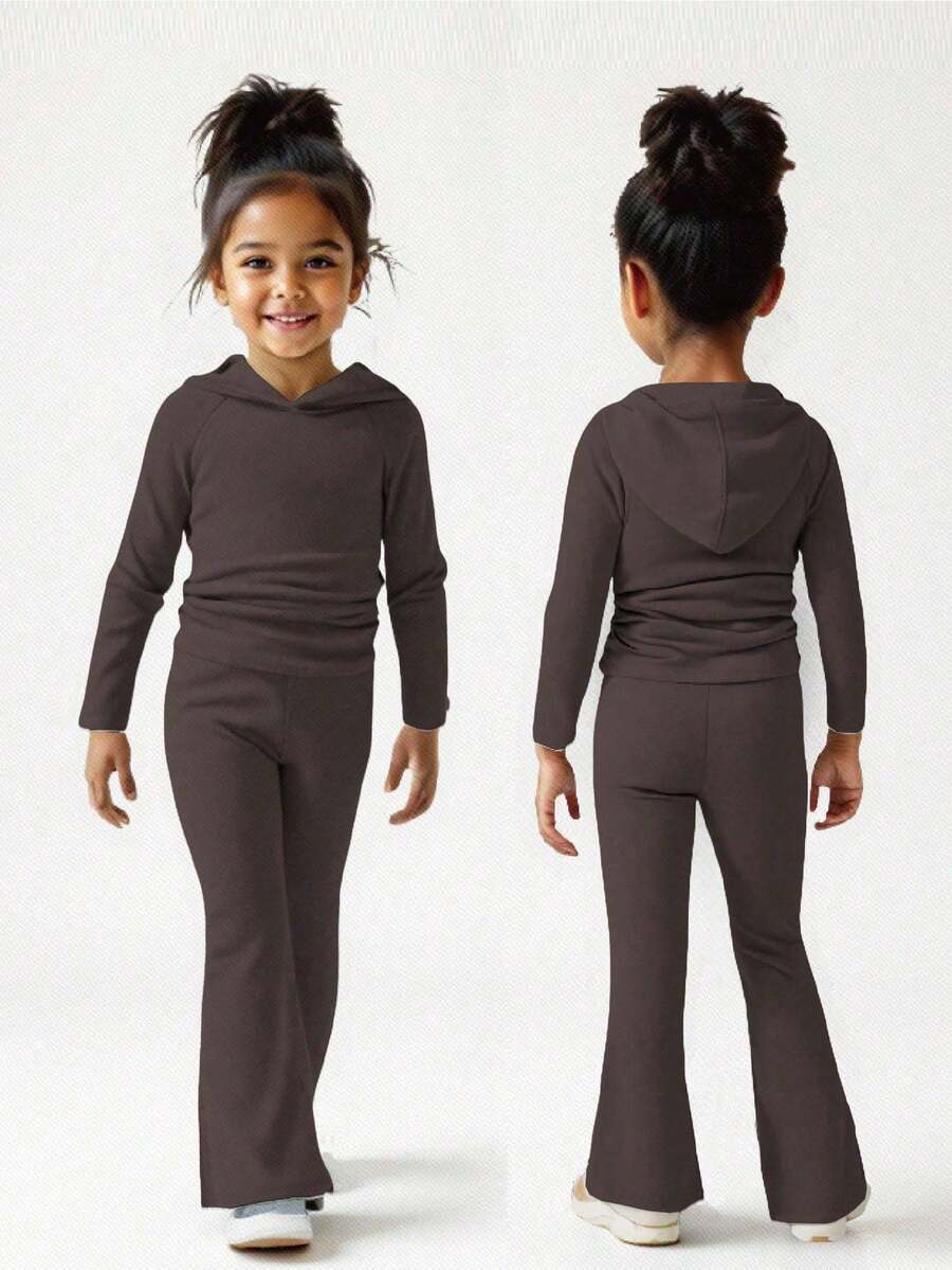 SHEIN 2 件套年轻女孩街头时尚百搭休闲运动服、连帽衫和喇叭裤套装，灰色 - 深灰色 - 查看 1