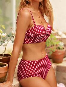 SHEIN Swim 格紋比基尼套裝扭結聚攏內衣和高腰下裝2入組泳衣