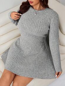 SHEIN EZwear 秋冬大码纯色罗纹针织休闲连衣裙 - 灰色 - 查看 3