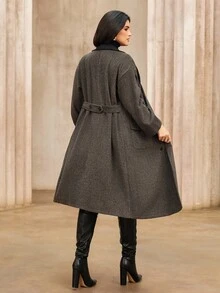 Roveilla 大码女式新款长款撞色拼接翻领羊毛大衣外套，优雅时尚外套 - 棕色 - 查看 2