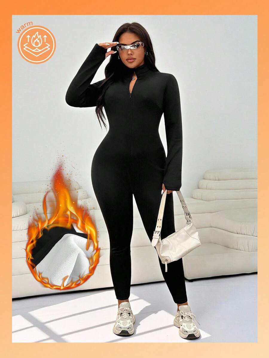 SHEIN EZwear Plus Size Women's Black Casual Slim Jumpsuit,Fall,Winter,Back To School,Casual,Warm Plus Size Jumpsuits For Women - Black - View 1