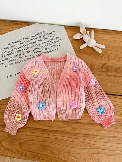 SHEIN LMoss Kids LMoss Young Girl Young Girl Colorblock 3D Flower Loose Casual Cardigan Sweater Autumn Winter Clothes For Girl