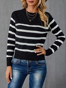 SHEIN LUNE Striped Pattern Sweater,Long Sleeve Tops Autumn Winter Clothes For Women - Black and White - View 6