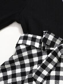 SHEIN Young Girl Casual Collared Heart Pattern Color Block Plaid Patchwork Dress - Black - View 6