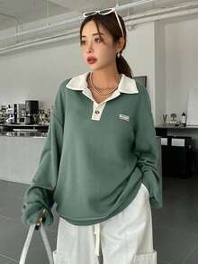 DAZY Contrast Trim Letter Applique Pullover Sweatshirt Fall/Winter - Mint Green - View 6