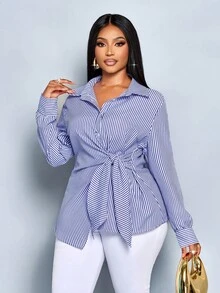 SOLERSUN 大码秋冬女装新款优雅条纹纽扣前衬衫，休闲优雅条纹印花领带前部细节衬衫，扭纹肩带，结， - 寶藍色 - 查看 4