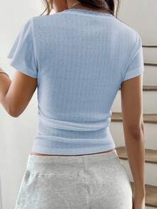 Zielony 甜美蕾丝边短袖 T 恤，修身款式女式上衣，3 粒纽扣，夏季 - 藍色 - 查看 2