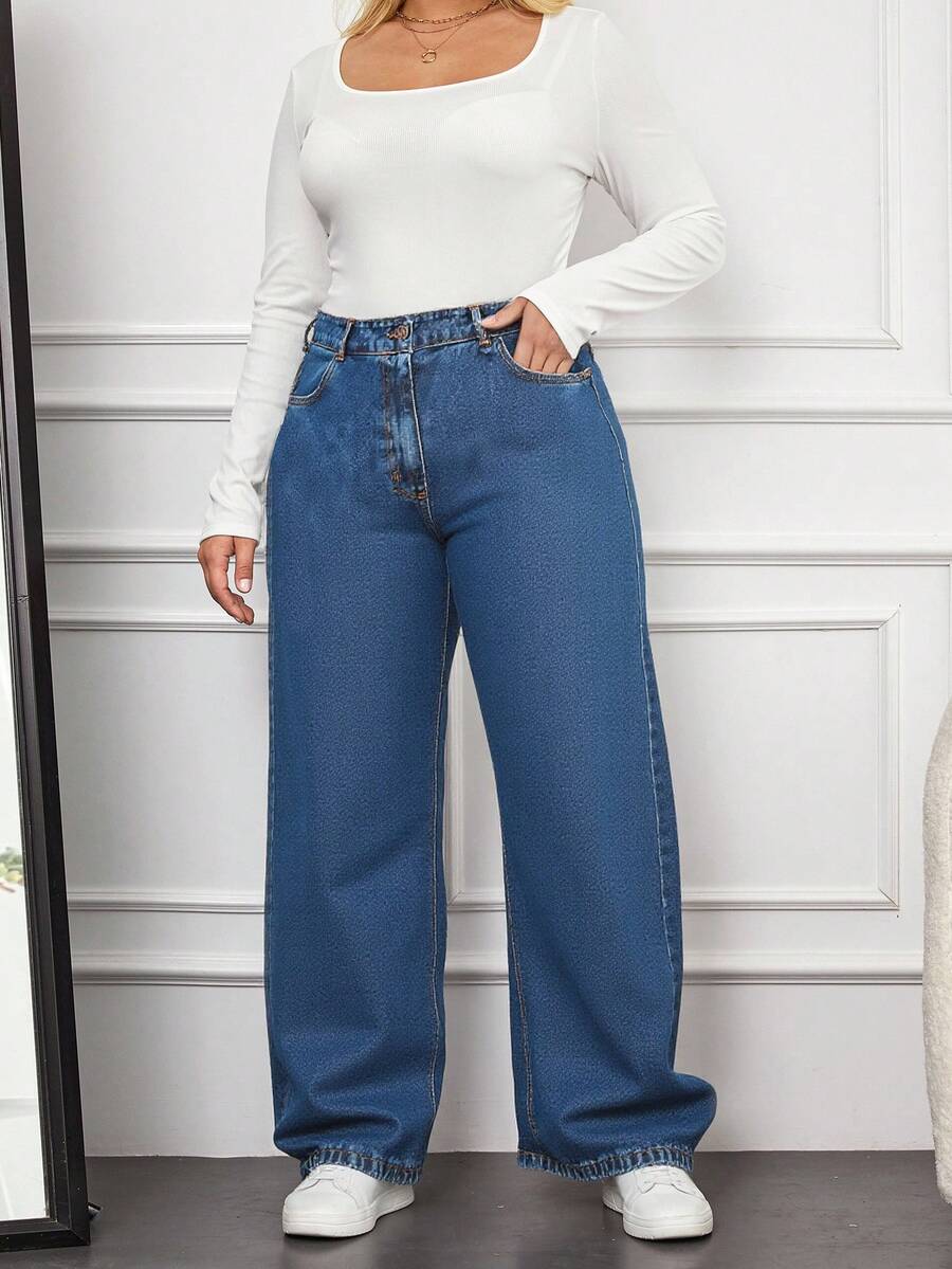 RueChic 100%Cotton Plus Size High Waist Slant Pocket Casual Straight Leg Jeans - Blue - View 1