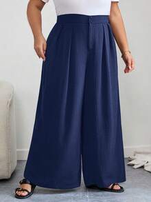 SHEIN CURVE+ Curves 大码/学校服装/返校服装/返校大码女士办公室服装，黑色高腰直筒休闲裤，简约时尚，适合日常穿着 - 藏蓝色 - 查看 4